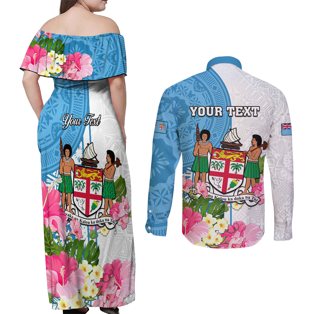 Personalized Fiji Day Couples Matching Off Shoulder Maxi Dress and Long Sleeve Button Shirts Tanoa Hibiscus Fijian Tapa Masi Pattern LT05 - Polynesian Pride