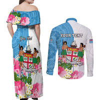 Personalized Fiji Day Couples Matching Off Shoulder Maxi Dress and Long Sleeve Button Shirts Tanoa Hibiscus Fijian Tapa Masi Pattern LT05 - Polynesian Pride