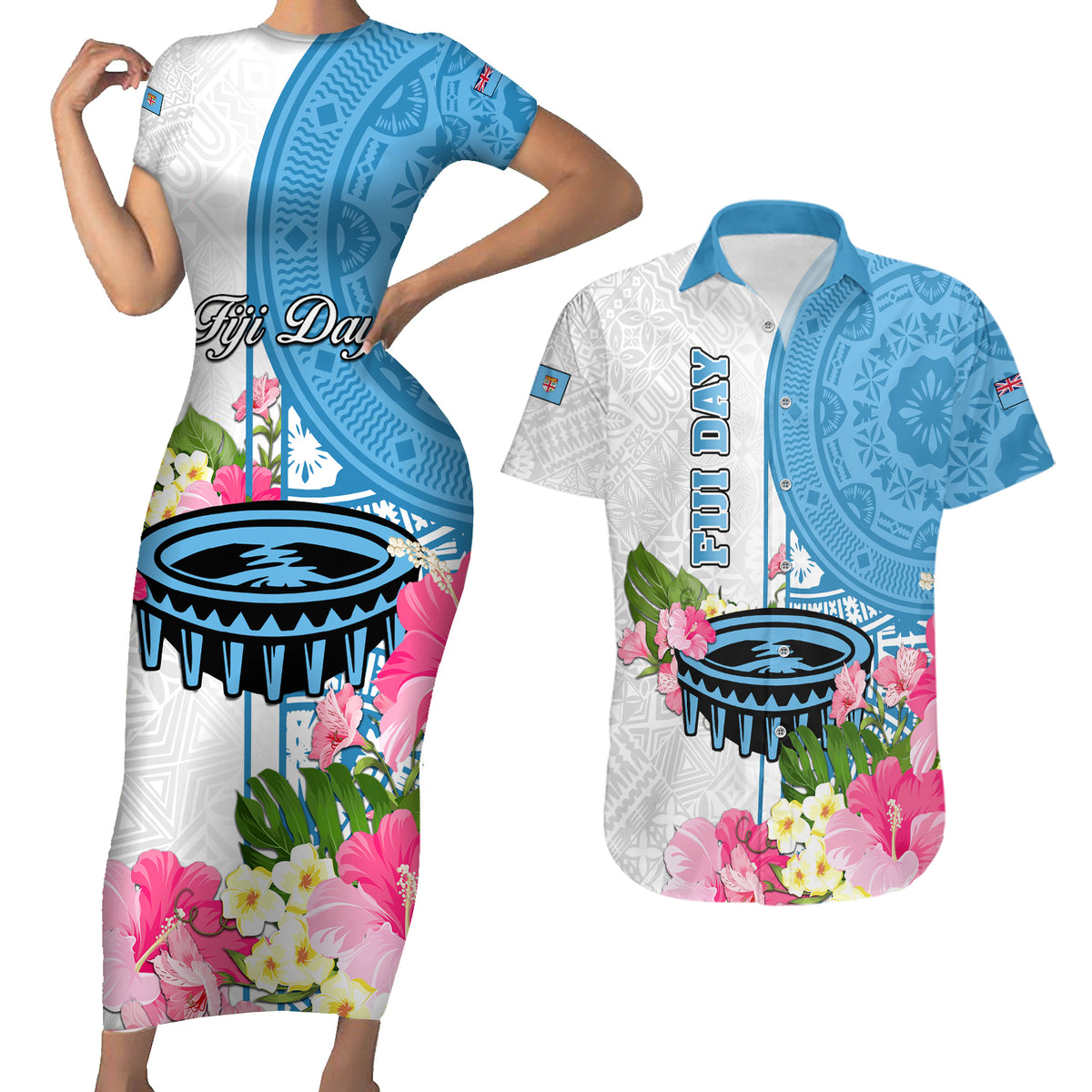 Personalized Fiji Day Couples Matching Short Sleeve Bodycon Dress and Hawaiian Shirt Tanoa Hibiscus Fijian Tapa Masi Pattern LT05 White - Polynesian Pride