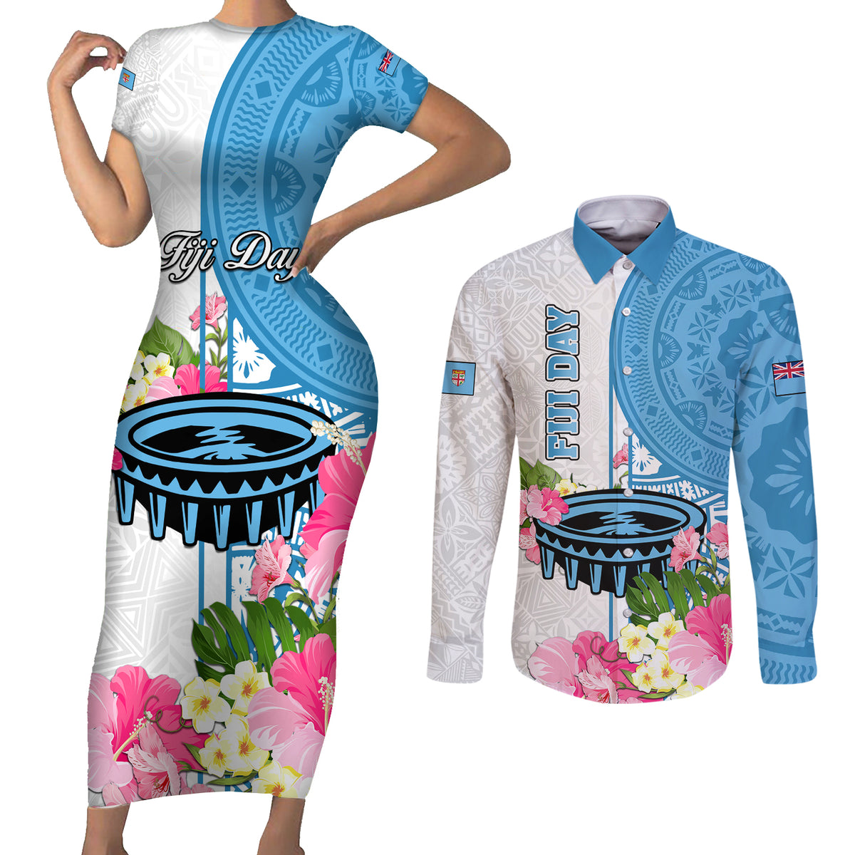 Personalized Fiji Day Couples Matching Short Sleeve Bodycon Dress and Long Sleeve Button Shirts Tanoa Hibiscus Fijian Tapa Masi Pattern LT05 White - Polynesian Pride