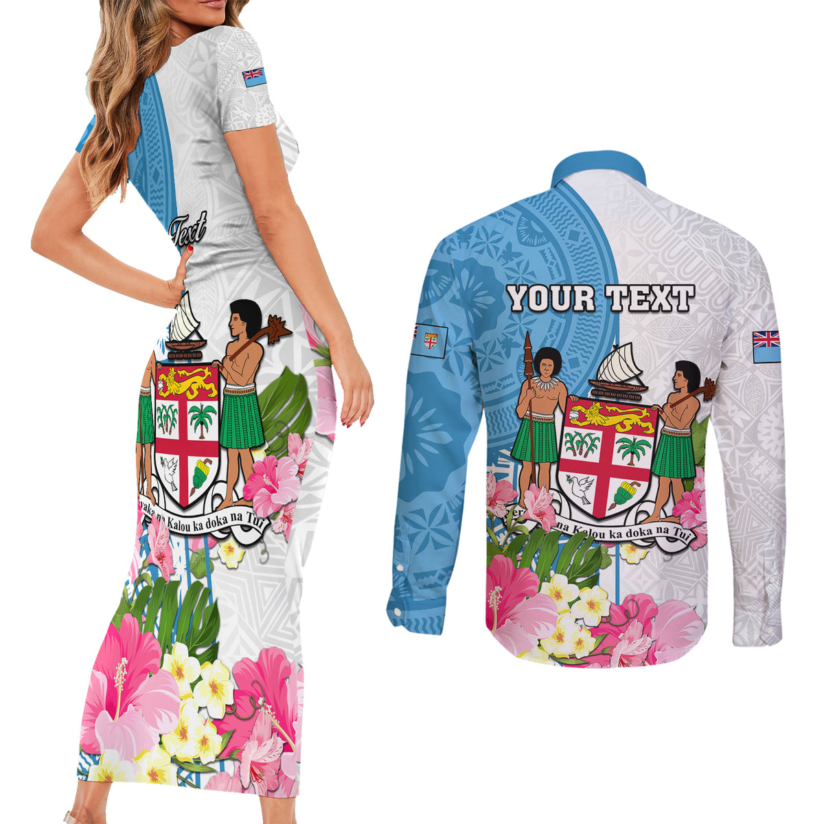 Personalized Fiji Day Couples Matching Short Sleeve Bodycon Dress and Long Sleeve Button Shirts Tanoa Hibiscus Fijian Tapa Masi Pattern LT05 - Polynesian Pride