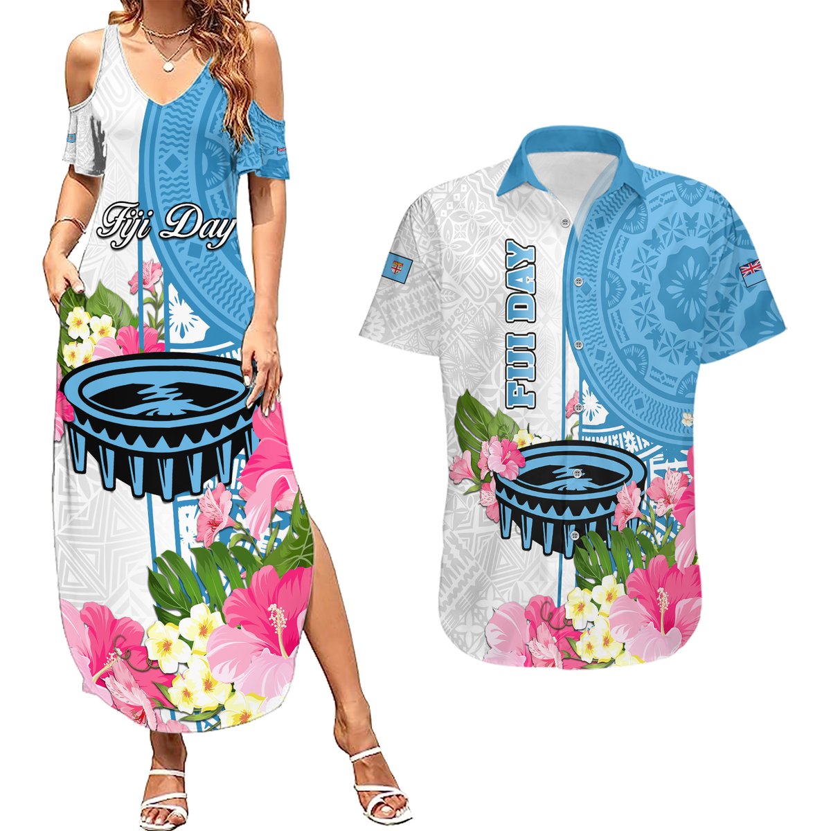 Personalized Fiji Day Couples Matching Summer Maxi Dress and Hawaiian Shirt Tanoa Hibiscus Fijian Tapa Masi Pattern LT05 White - Polynesian Pride