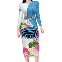 Personalized Fiji Day Long Sleeve Bodycon Dress Tanoa Hibiscus Fijian Tapa Masi Pattern LT05 Long Dress White - Polynesian Pride