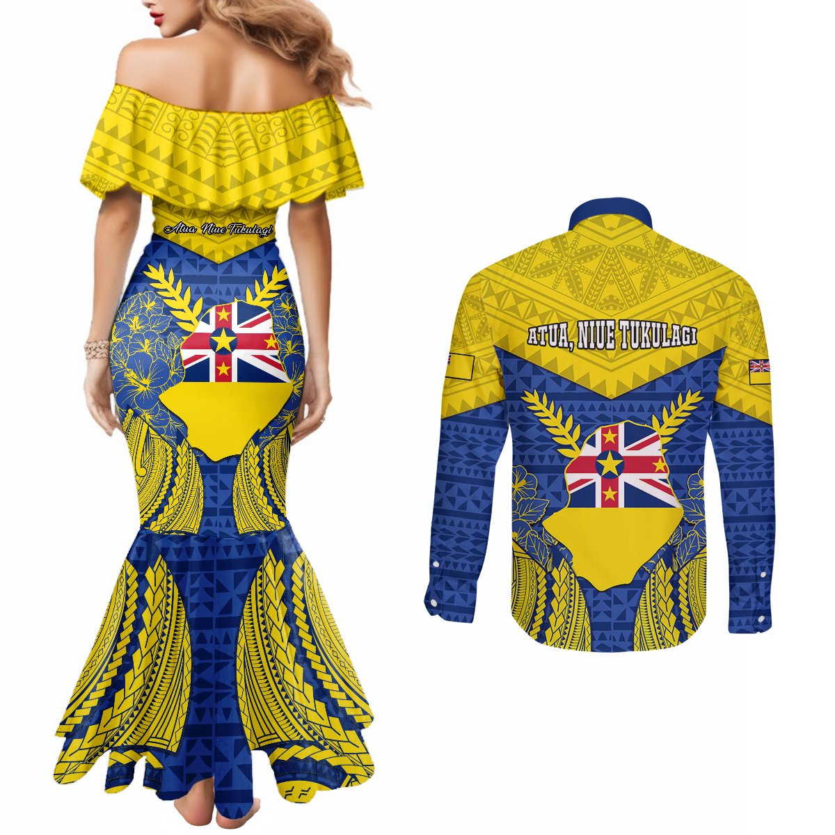 Niue Constitution Day Couples Matching Mermaid Dress and Long Sleeve Button Shirts Coat Of Arms Niuean Hiapo Pattern LT05 - Polynesian Pride