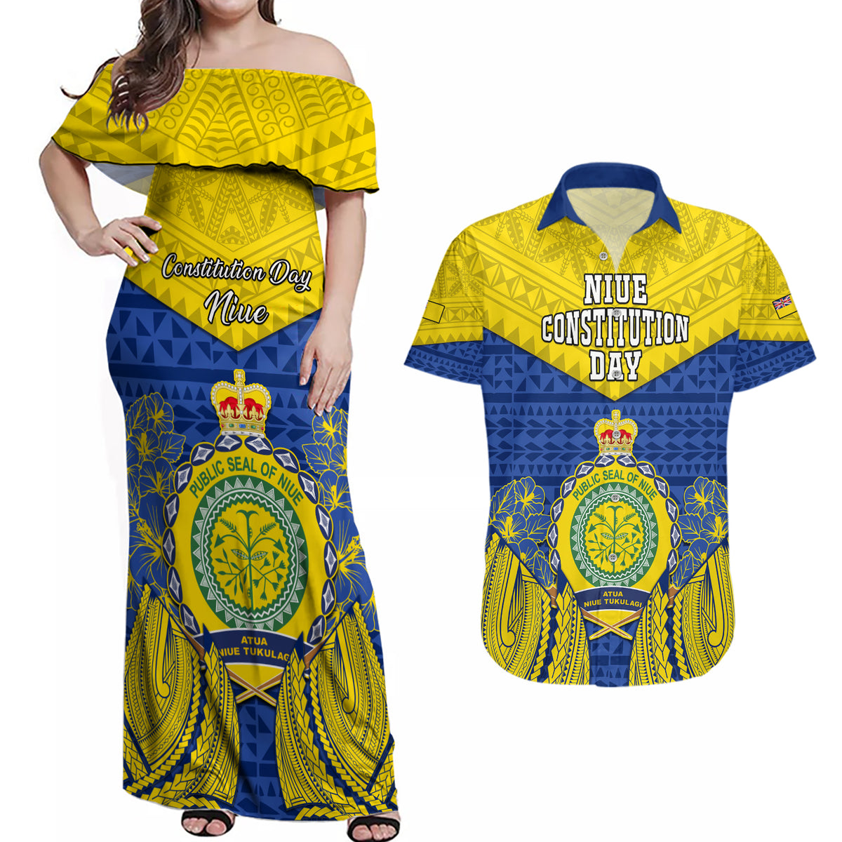 Niue Constitution Day Couples Matching Off Shoulder Maxi Dress and Hawaiian Shirt Coat Of Arms Niuean Hiapo Pattern LT05 Yellow - Polynesian Pride