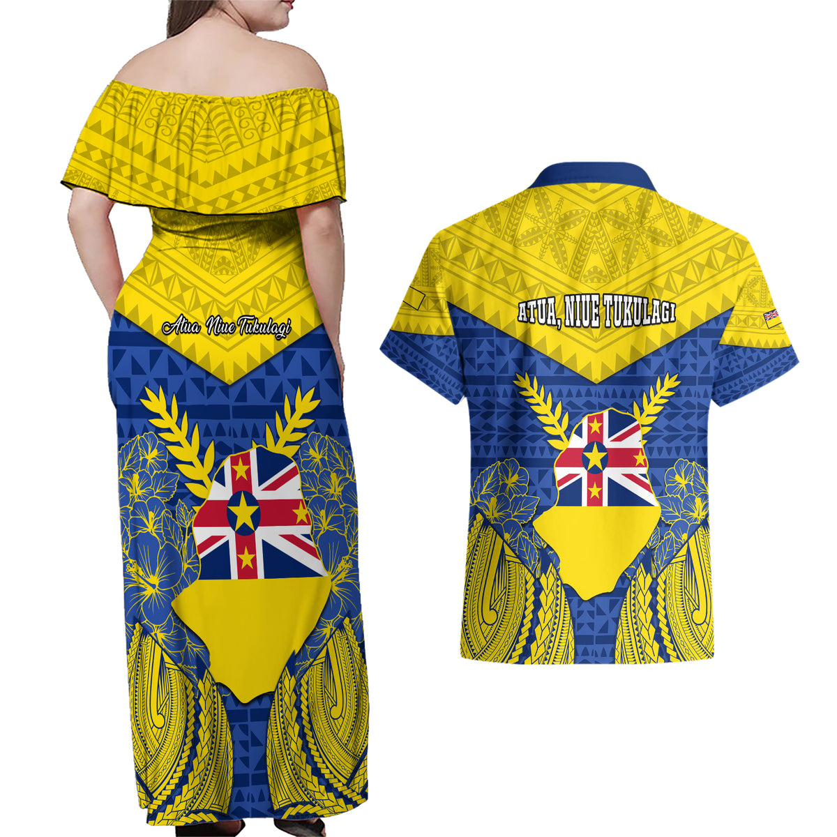 Niue Constitution Day Couples Matching Off Shoulder Maxi Dress and Hawaiian Shirt Coat Of Arms Niuean Hiapo Pattern LT05 - Polynesian Pride