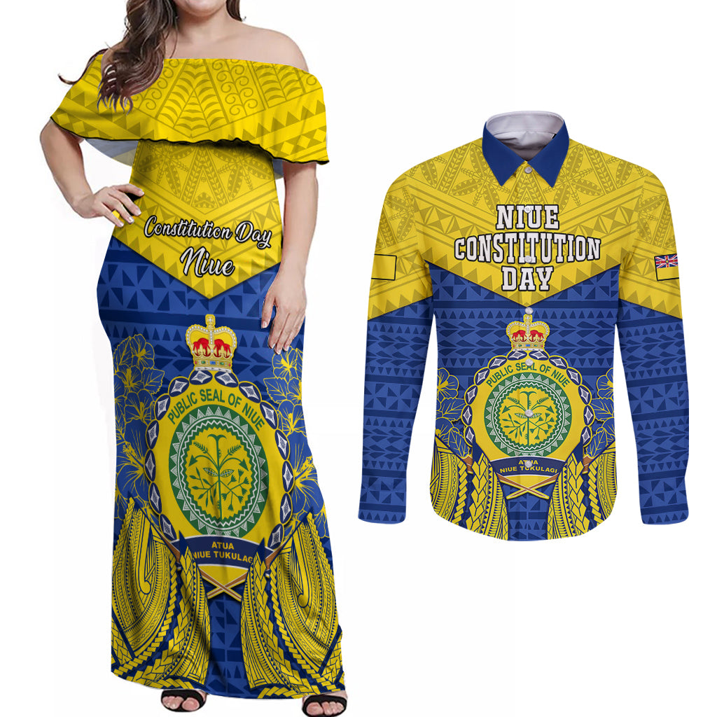 Niue Constitution Day Couples Matching Off Shoulder Maxi Dress and Long Sleeve Button Shirts Coat Of Arms Niuean Hiapo Pattern LT05 Yellow - Polynesian Pride