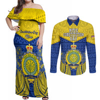 Niue Constitution Day Couples Matching Off Shoulder Maxi Dress and Long Sleeve Button Shirts Coat Of Arms Niuean Hiapo Pattern LT05 Yellow - Polynesian Pride