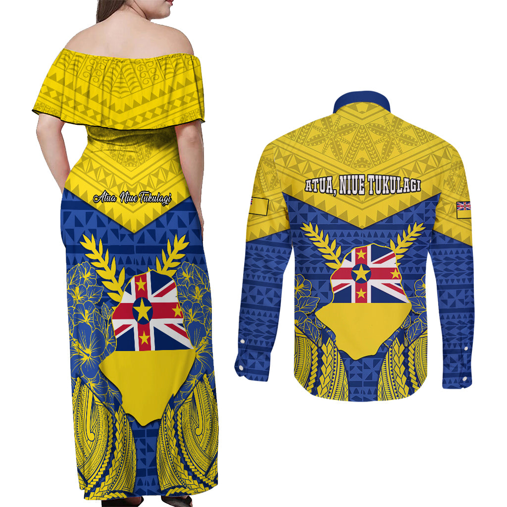 Niue Constitution Day Couples Matching Off Shoulder Maxi Dress and Long Sleeve Button Shirts Coat Of Arms Niuean Hiapo Pattern LT05 - Polynesian Pride