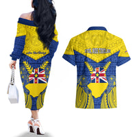 Niue Constitution Day Couples Matching Off The Shoulder Long Sleeve Dress and Hawaiian Shirt Coat Of Arms Niuean Hiapo Pattern LT05 - Polynesian Pride