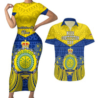 Niue Constitution Day Couples Matching Short Sleeve Bodycon Dress and Hawaiian Shirt Coat Of Arms Niuean Hiapo Pattern LT05 Yellow - Polynesian Pride