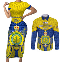 Niue Constitution Day Couples Matching Short Sleeve Bodycon Dress and Long Sleeve Button Shirts Coat Of Arms Niuean Hiapo Pattern LT05 Yellow - Polynesian Pride