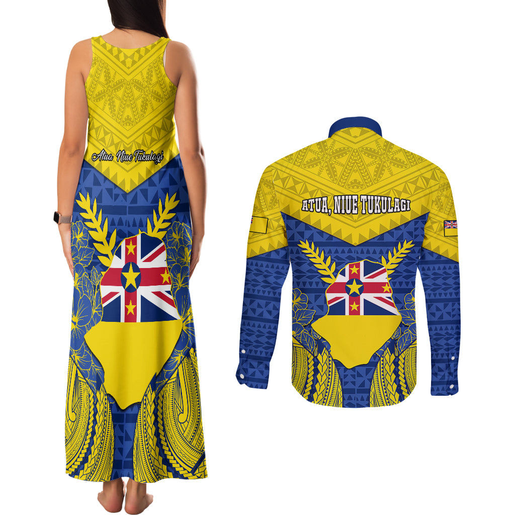 Niue Constitution Day Couples Matching Tank Maxi Dress and Long Sleeve Button Shirts Coat Of Arms Niuean Hiapo Pattern LT05 - Polynesian Pride