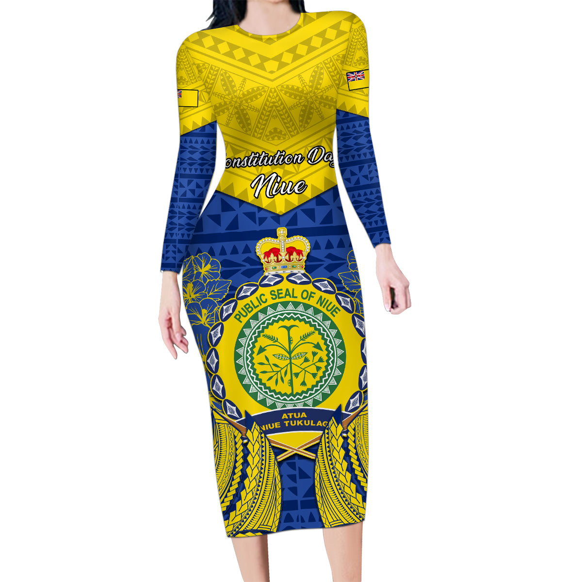Niue Constitution Day Family Matching Long Sleeve Bodycon Dress and Hawaiian Shirt Coat Of Arms Niuean Hiapo Pattern LT05 Mom's Dress Yellow - Polynesian Pride