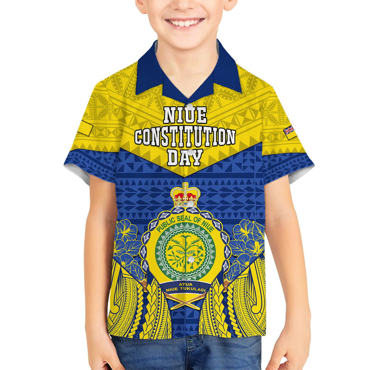 Niue Constitution Day Family Matching Long Sleeve Bodycon Dress and Hawaiian Shirt Coat Of Arms Niuean Hiapo Pattern LT05 Son's Shirt Yellow - Polynesian Pride