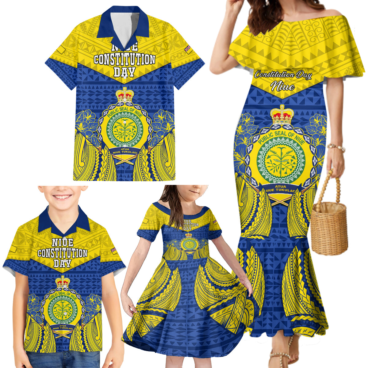 Niue Constitution Day Family Matching Mermaid Dress and Hawaiian Shirt Coat Of Arms Niuean Hiapo Pattern LT05 - Polynesian Pride