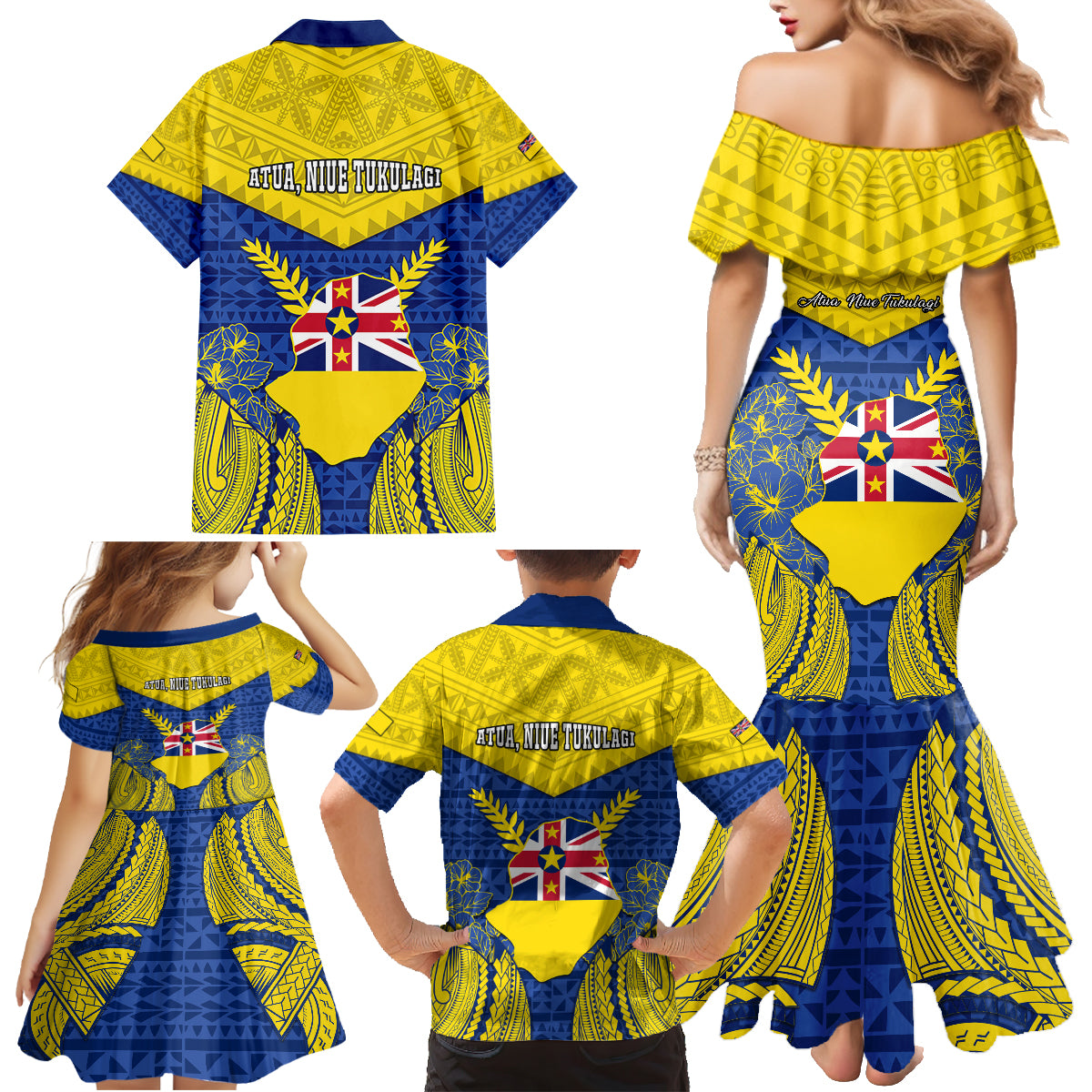 Niue Constitution Day Family Matching Mermaid Dress and Hawaiian Shirt Coat Of Arms Niuean Hiapo Pattern LT05 - Polynesian Pride