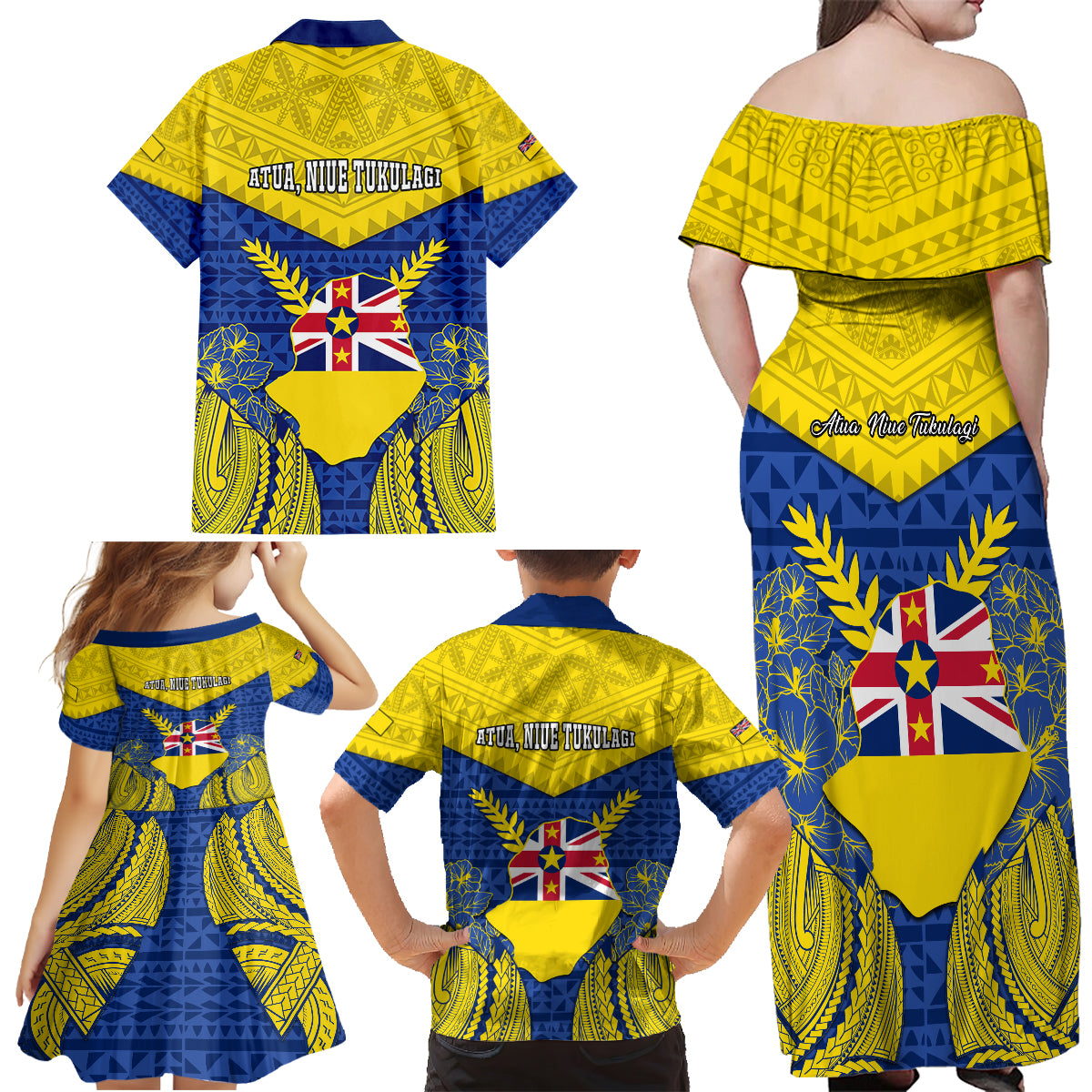 Niue Constitution Day Family Matching Off Shoulder Long Sleeve Dress and Hawaiian Shirt Coat Of Arms Niuean Hiapo Pattern LT05 - Polynesian Pride