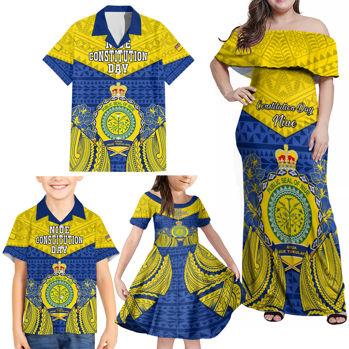 Niue Constitution Day Family Matching Off Shoulder Maxi Dress and Hawaiian Shirt Coat Of Arms Niuean Hiapo Pattern LT05 - Polynesian Pride