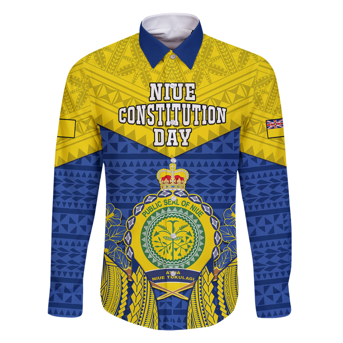 Niue Constitution Day Family Matching Off Shoulder Maxi Dress and Hawaiian Shirt Coat Of Arms Niuean Hiapo Pattern LT05 Dad's Shirt - Short Sleeve Yellow - Polynesian Pride