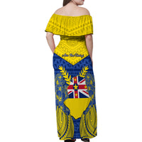 Niue Constitution Day Family Matching Off Shoulder Maxi Dress and Hawaiian Shirt Coat Of Arms Niuean Hiapo Pattern LT05 - Polynesian Pride