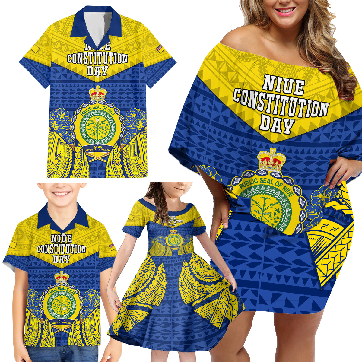 Niue Constitution Day Family Matching Off Shoulder Short Dress and Hawaiian Shirt Coat Of Arms Niuean Hiapo Pattern LT05 - Polynesian Pride
