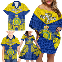 Niue Constitution Day Family Matching Off Shoulder Short Dress and Hawaiian Shirt Coat Of Arms Niuean Hiapo Pattern LT05 - Polynesian Pride