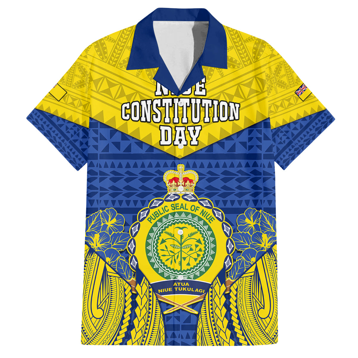 Niue Constitution Day Family Matching Off Shoulder Short Dress and Hawaiian Shirt Coat Of Arms Niuean Hiapo Pattern LT05 Dad's Shirt - Short Sleeve Yellow - Polynesian Pride