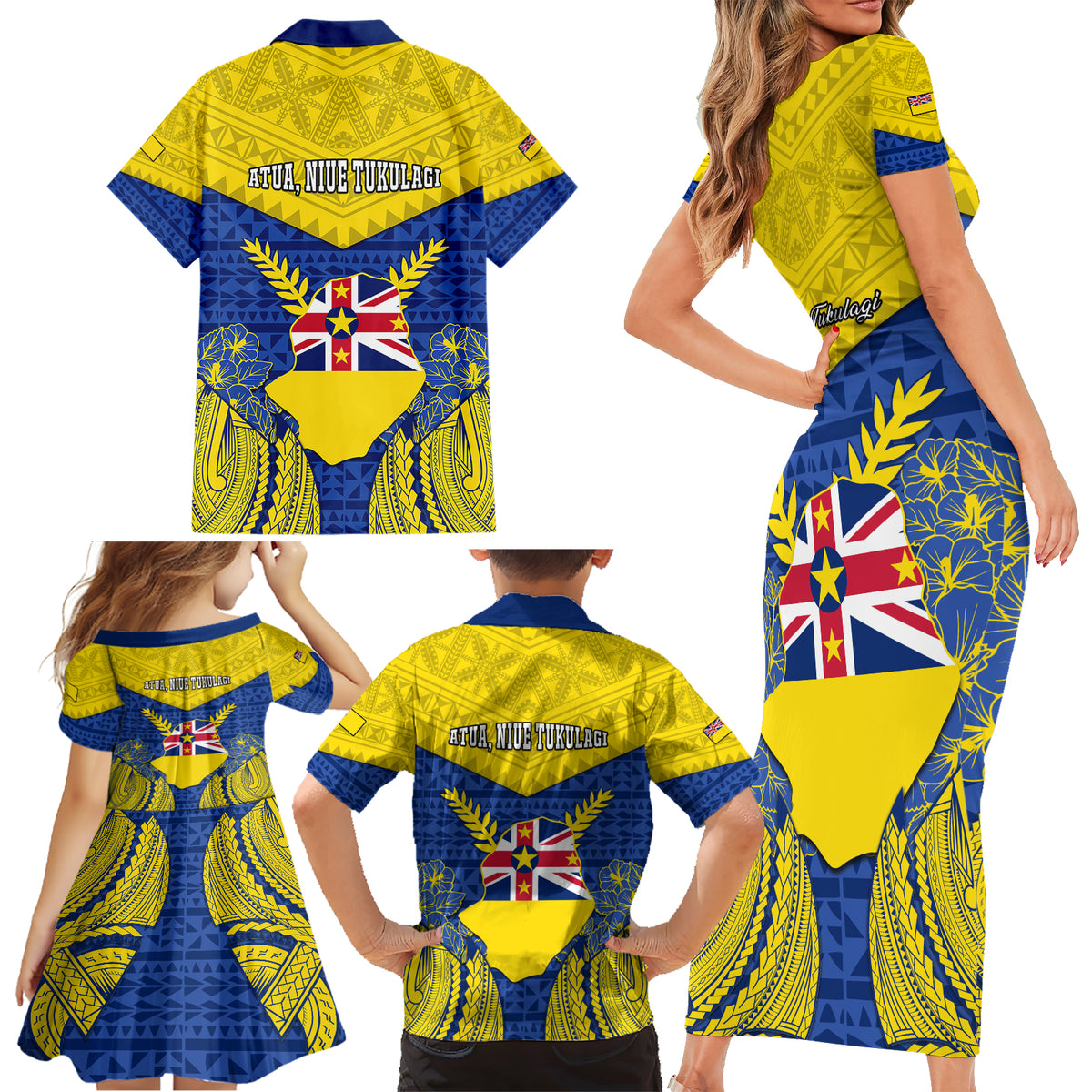 Niue Constitution Day Family Matching Short Sleeve Bodycon Dress and Hawaiian Shirt Coat Of Arms Niuean Hiapo Pattern LT05 - Polynesian Pride