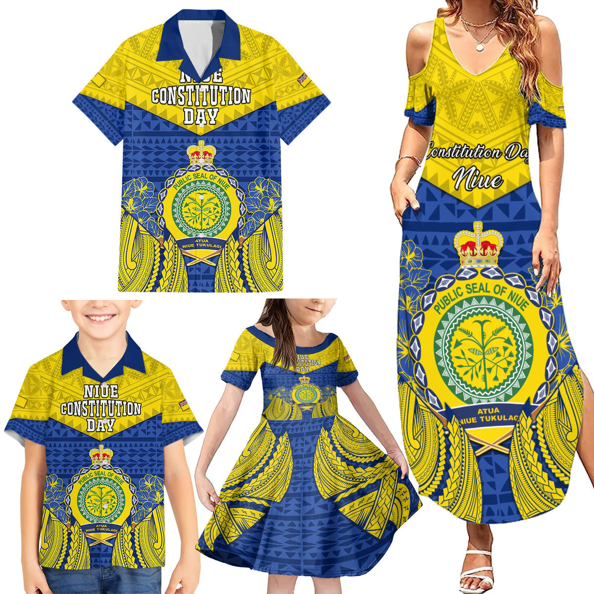 Niue Constitution Day Family Matching Summer Maxi Dress and Hawaiian Shirt Coat Of Arms Niuean Hiapo Pattern LT05 - Polynesian Pride