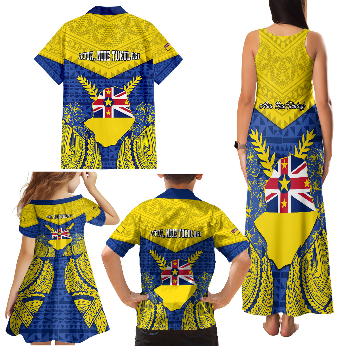Niue Constitution Day Family Matching Tank Maxi Dress and Hawaiian Shirt Coat Of Arms Niuean Hiapo Pattern LT05 - Polynesian Pride