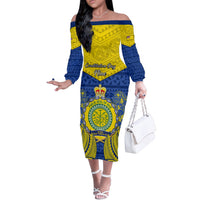 Niue Constitution Day Off The Shoulder Long Sleeve Dress Coat Of Arms Niuean Hiapo Pattern LT05 Women Yellow - Polynesian Pride