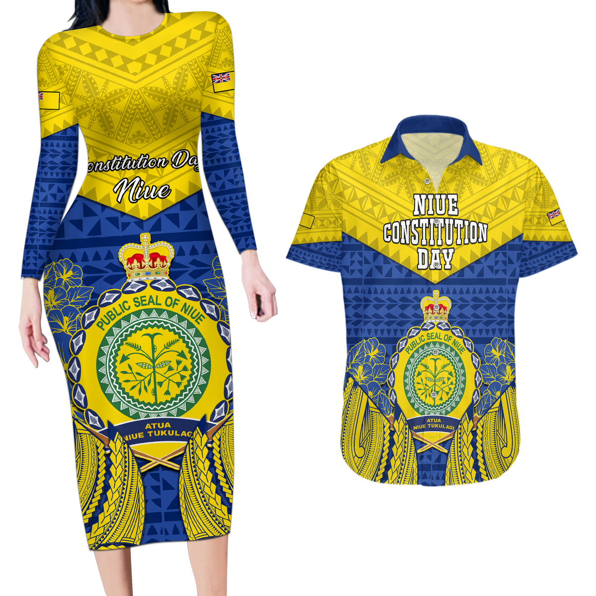 Personalized Niue Constitution Day Couples Matching Long Sleeve Bodycon Dress and Hawaiian Shirt Coat Of Arms Niuean Hiapo Pattern LT05 Yellow - Polynesian Pride