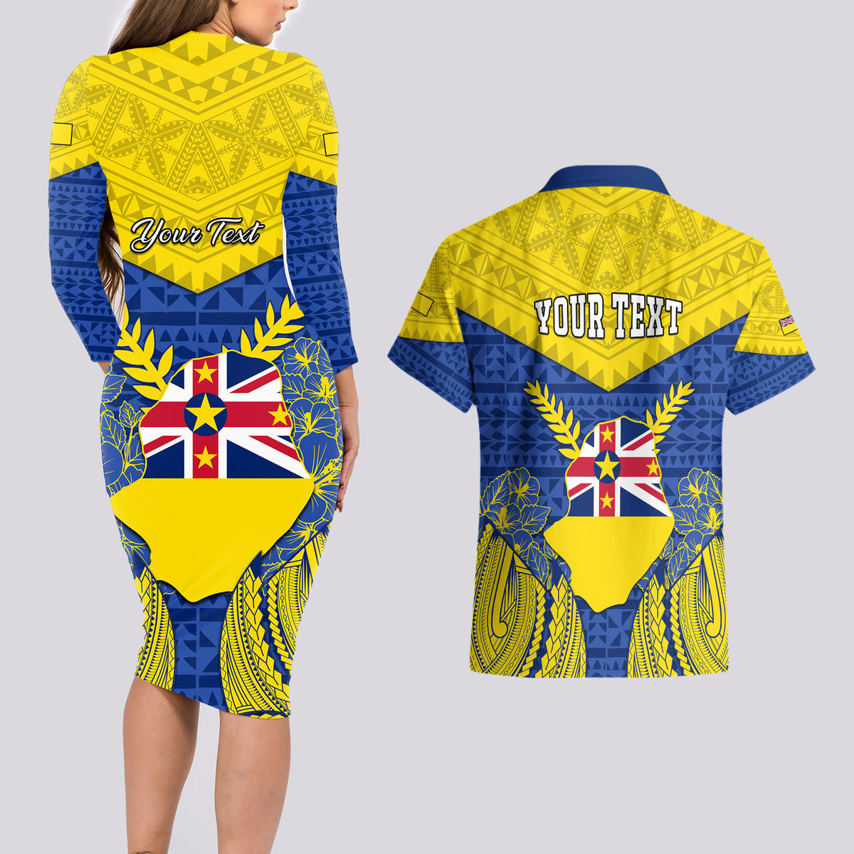 Personalized Niue Constitution Day Couples Matching Long Sleeve Bodycon Dress and Hawaiian Shirt Coat Of Arms Niuean Hiapo Pattern LT05 - Polynesian Pride