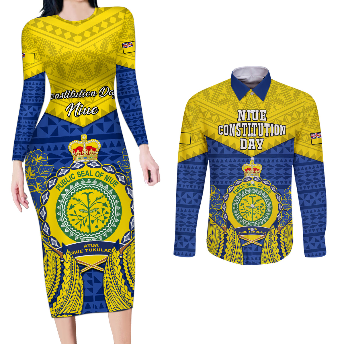 Personalized Niue Constitution Day Couples Matching Long Sleeve Bodycon Dress and Long Sleeve Button Shirts Coat Of Arms Niuean Hiapo Pattern LT05 Yellow - Polynesian Pride