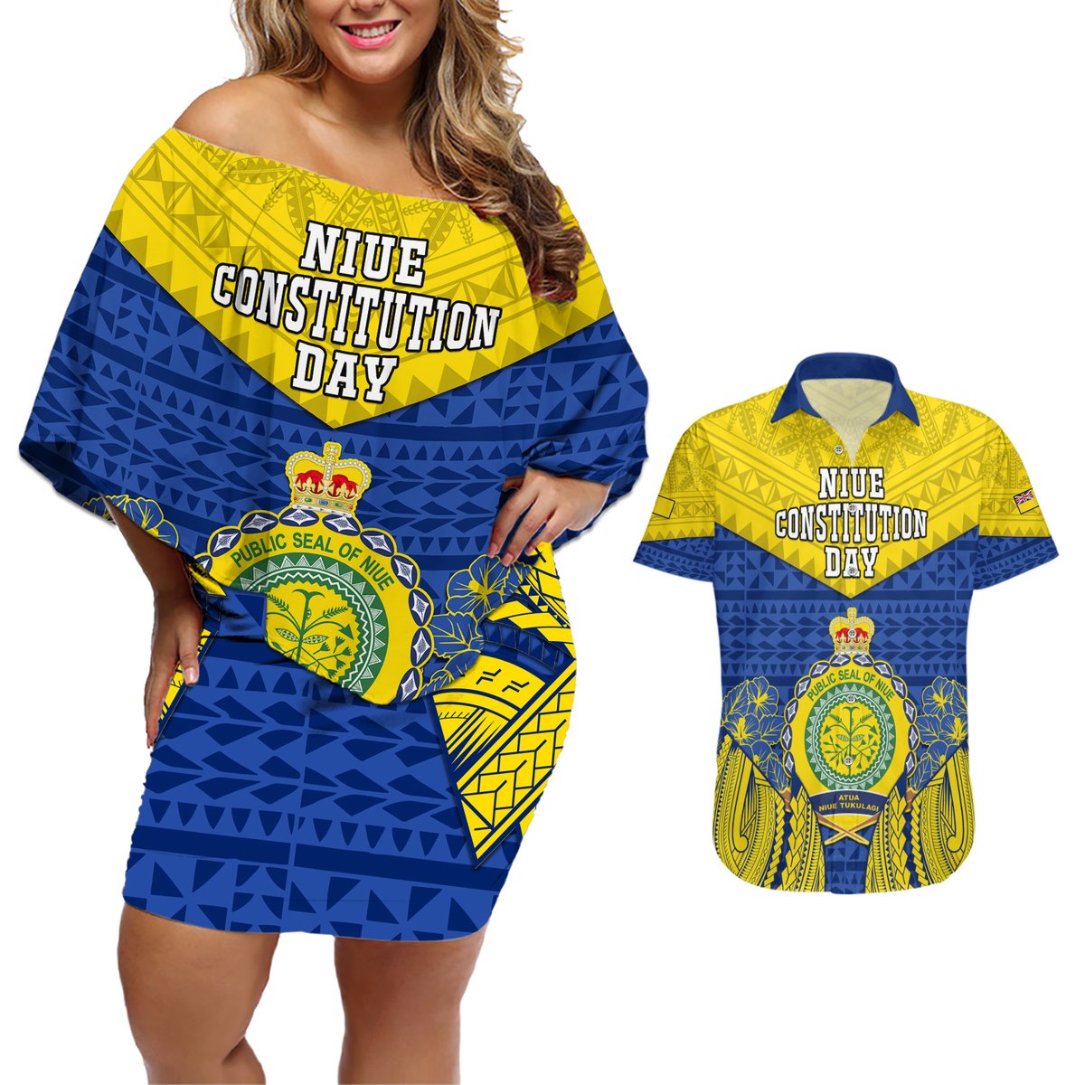 Personalized Niue Constitution Day Couples Matching Off Shoulder Short Dress and Hawaiian Shirt Coat Of Arms Niuean Hiapo Pattern LT05 Yellow - Polynesian Pride