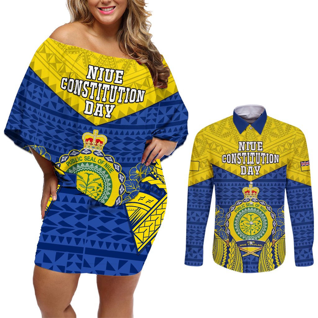 Personalized Niue Constitution Day Couples Matching Off Shoulder Short Dress and Long Sleeve Button Shirts Coat Of Arms Niuean Hiapo Pattern LT05 Yellow - Polynesian Pride