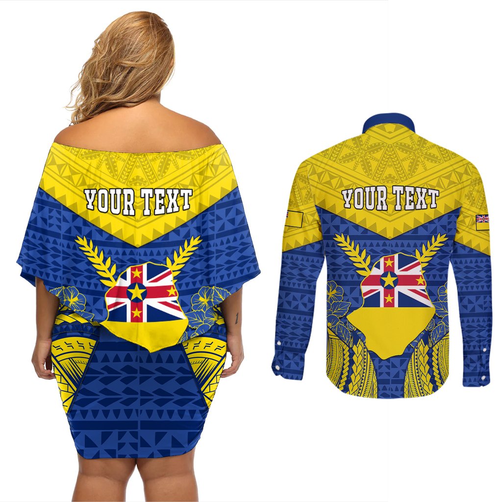 Personalized Niue Constitution Day Couples Matching Off Shoulder Short Dress and Long Sleeve Button Shirts Coat Of Arms Niuean Hiapo Pattern LT05 - Polynesian Pride