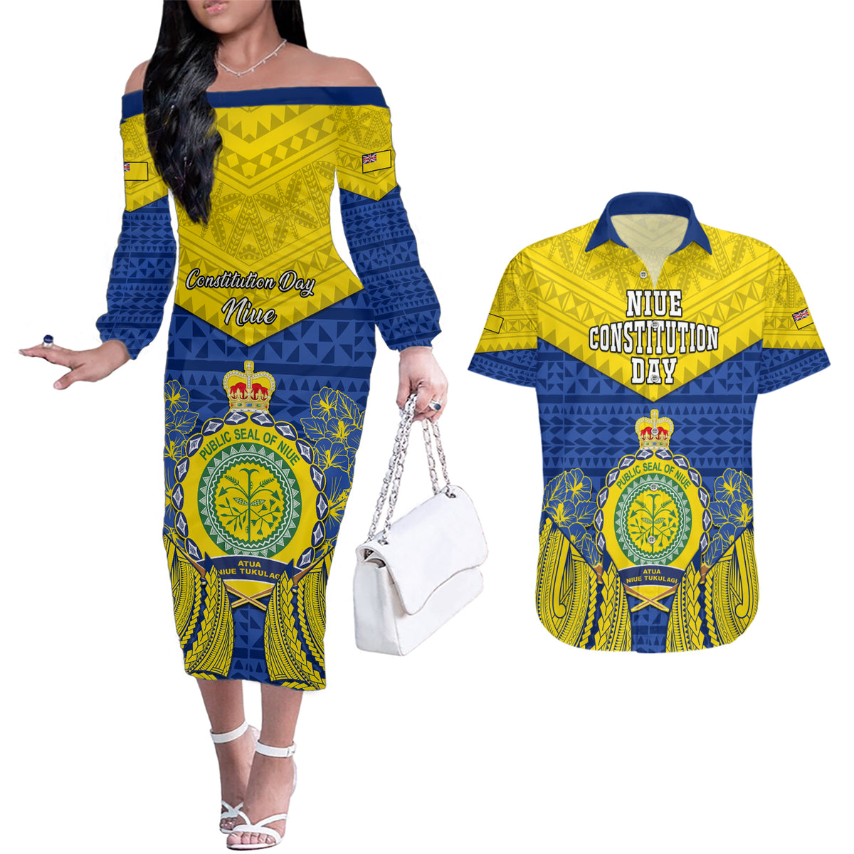 Personalized Niue Constitution Day Couples Matching Off The Shoulder Long Sleeve Dress and Hawaiian Shirt Coat Of Arms Niuean Hiapo Pattern LT05 Yellow - Polynesian Pride