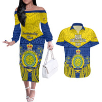Personalized Niue Constitution Day Couples Matching Off The Shoulder Long Sleeve Dress and Hawaiian Shirt Coat Of Arms Niuean Hiapo Pattern LT05 Yellow - Polynesian Pride