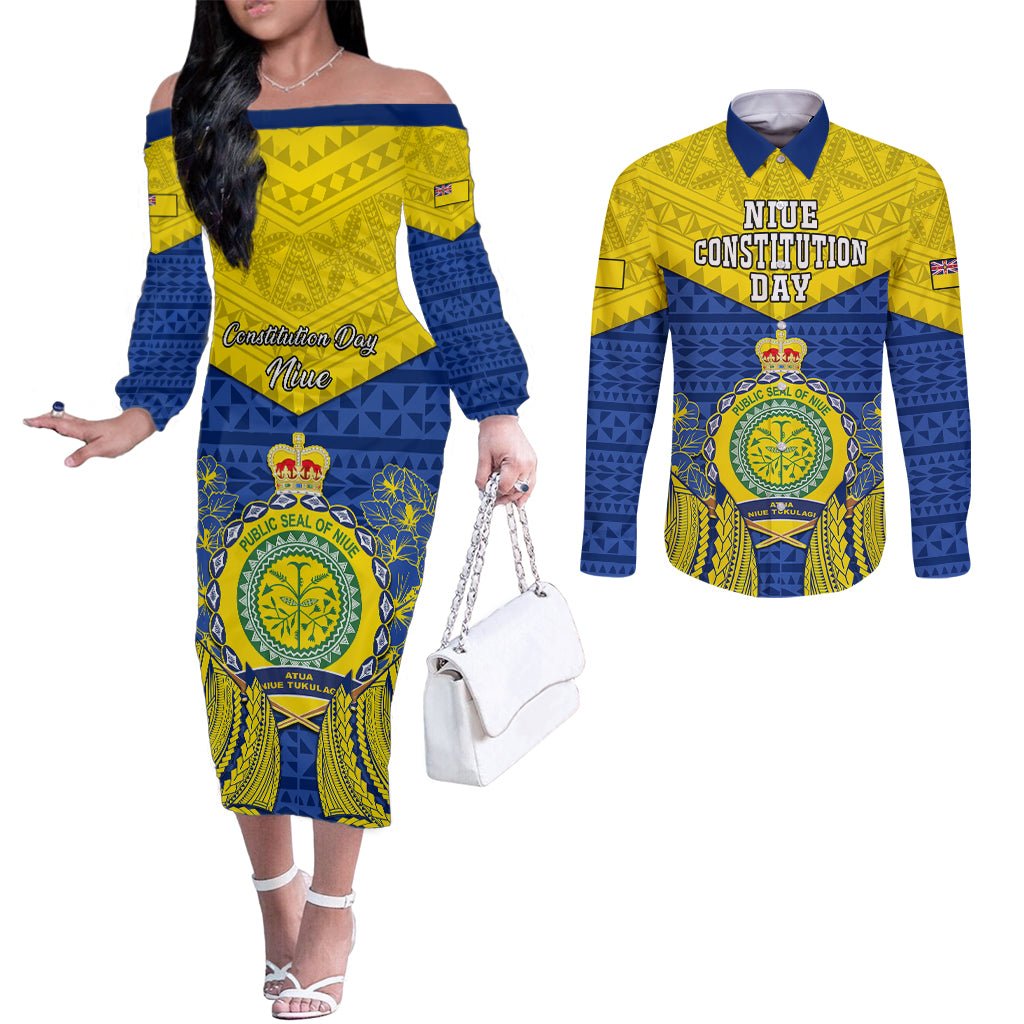 Personalized Niue Constitution Day Couples Matching Off The Shoulder Long Sleeve Dress and Long Sleeve Button Shirts Coat Of Arms Niuean Hiapo Pattern LT05 Yellow - Polynesian Pride