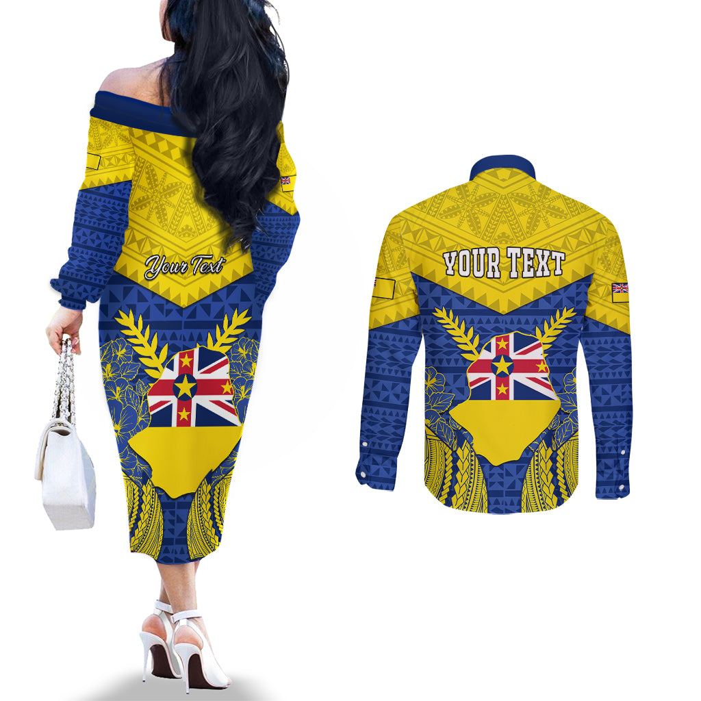Personalized Niue Constitution Day Couples Matching Off The Shoulder Long Sleeve Dress and Long Sleeve Button Shirts Coat Of Arms Niuean Hiapo Pattern LT05 - Polynesian Pride