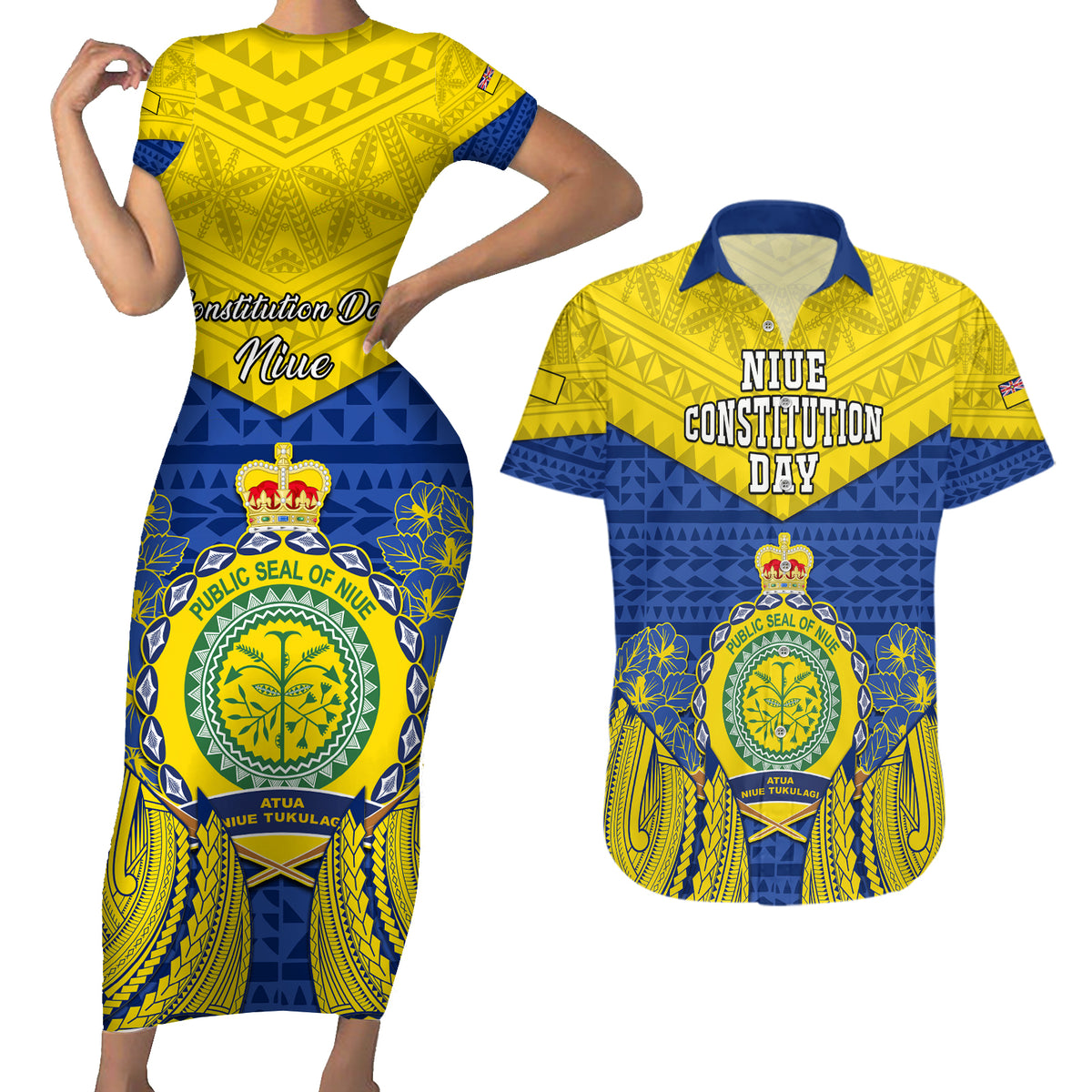 Personalized Niue Constitution Day Couples Matching Short Sleeve Bodycon Dress and Hawaiian Shirt Coat Of Arms Niuean Hiapo Pattern LT05 Yellow - Polynesian Pride