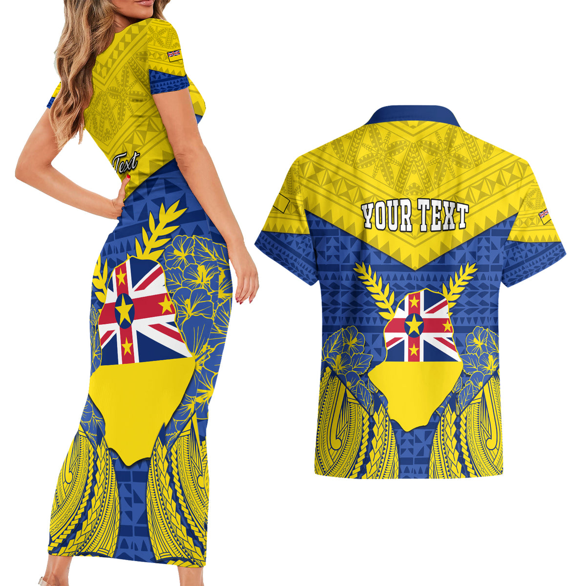 Personalized Niue Constitution Day Couples Matching Short Sleeve Bodycon Dress and Hawaiian Shirt Coat Of Arms Niuean Hiapo Pattern LT05 - Polynesian Pride