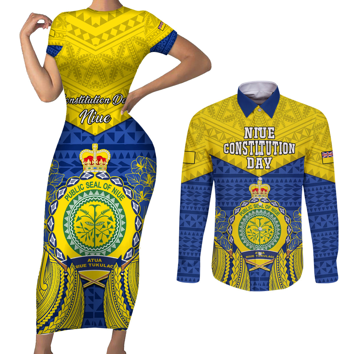 Personalized Niue Constitution Day Couples Matching Short Sleeve Bodycon Dress and Long Sleeve Button Shirts Coat Of Arms Niuean Hiapo Pattern LT05 Yellow - Polynesian Pride
