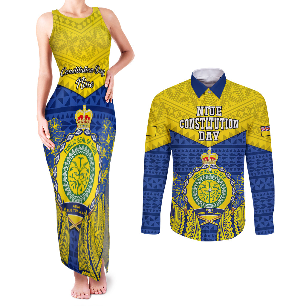 Personalized Niue Constitution Day Couples Matching Tank Maxi Dress and Long Sleeve Button Shirts Coat Of Arms Niuean Hiapo Pattern LT05 Yellow - Polynesian Pride