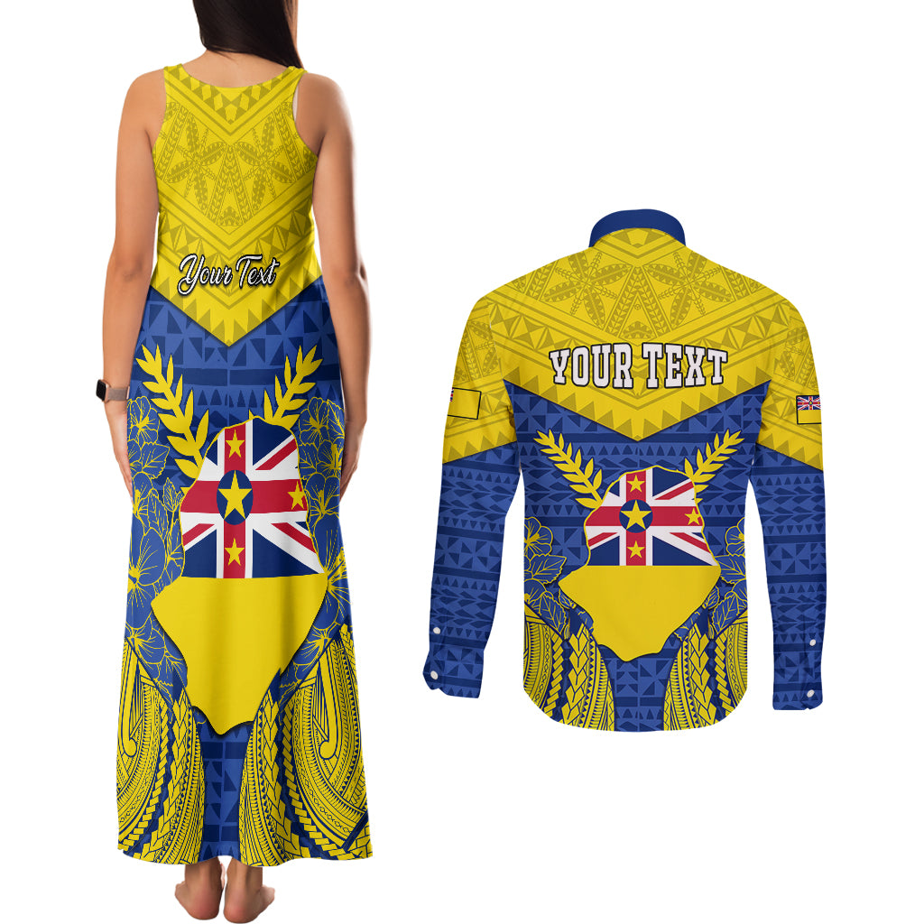 Personalized Niue Constitution Day Couples Matching Tank Maxi Dress and Long Sleeve Button Shirts Coat Of Arms Niuean Hiapo Pattern LT05 - Polynesian Pride