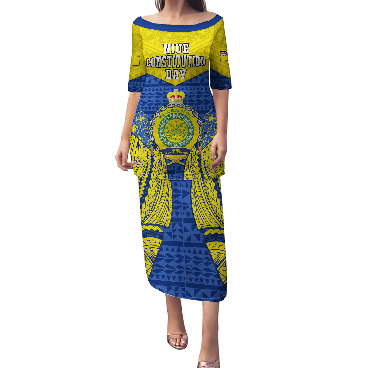 Personalized Niue Constitution Day Family Matching Puletasi Dress and Hawaiian Shirt Coat Of Arms Niuean Hiapo Pattern LT05 Mom's Dress Yellow - Polynesian Pride