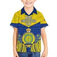 Personalized Niue Constitution Day Family Matching Summer Maxi Dress and Hawaiian Shirt Coat Of Arms Niuean Hiapo Pattern LT05 Son's Shirt Yellow - Polynesian Pride