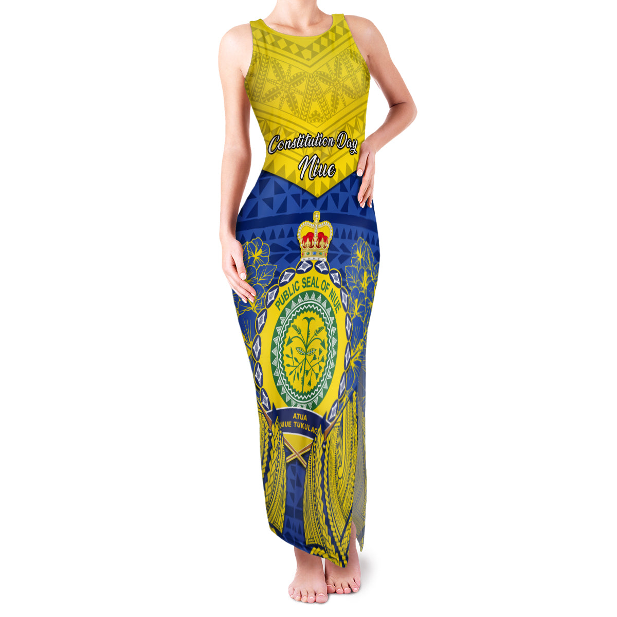 Personalized Niue Constitution Day Family Matching Tank Maxi Dress and Hawaiian Shirt Coat Of Arms Niuean Hiapo Pattern LT05 Mom's Dress Yellow - Polynesian Pride